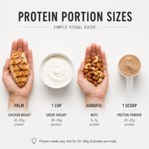 Daily protein portion sizes guide showing chicken, yogurt, nuts and protein powder