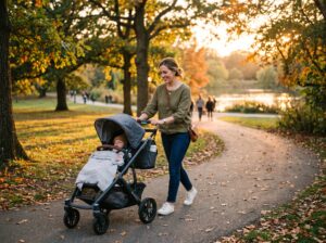 gentle postpartum exercise walking with stroller