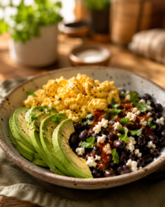 High protein breakfast bowl with scrambled eggs, avocado and black beans