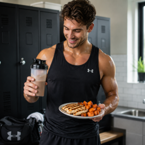 Post workout meal with protein shake and grilled chicken for muscle recovery