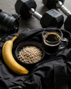 Pre workout snack with banana, oats, and black coffee for energy