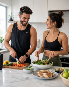 Active man and woman in their 30s preparing a high protein meal together