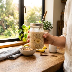Quick protein smoothie in a mason jar for a high protein breakfast on the go