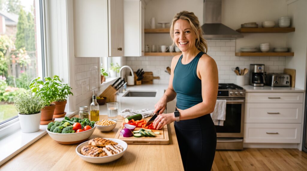 woman preparing healthy meal to manage weight gain in her 30s