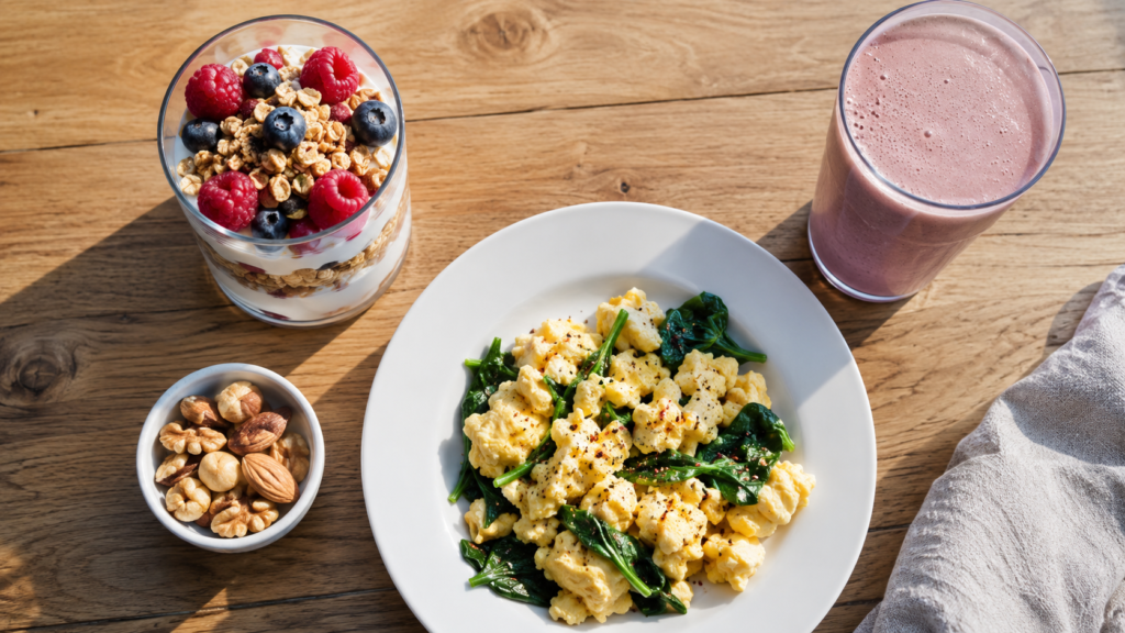 High protein breakfast ideas spread with Greek yogurt, eggs, smoothie and nuts
