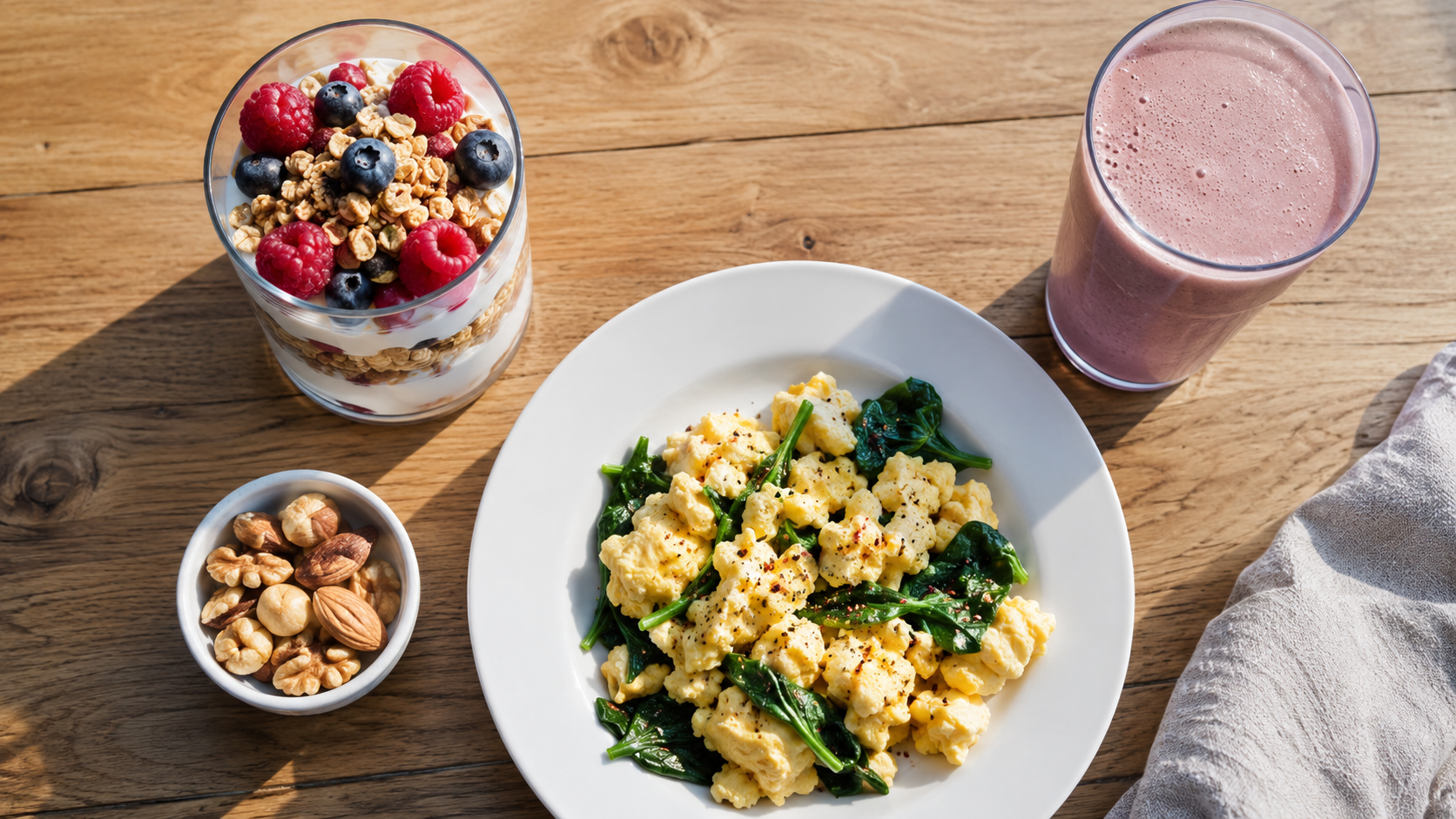 High protein breakfast ideas spread with Greek yogurt, eggs, smoothie and nuts