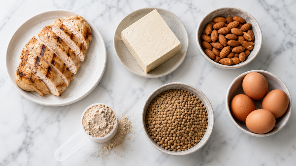 How much protein do you need in your 30s — protein-rich foods flat lay